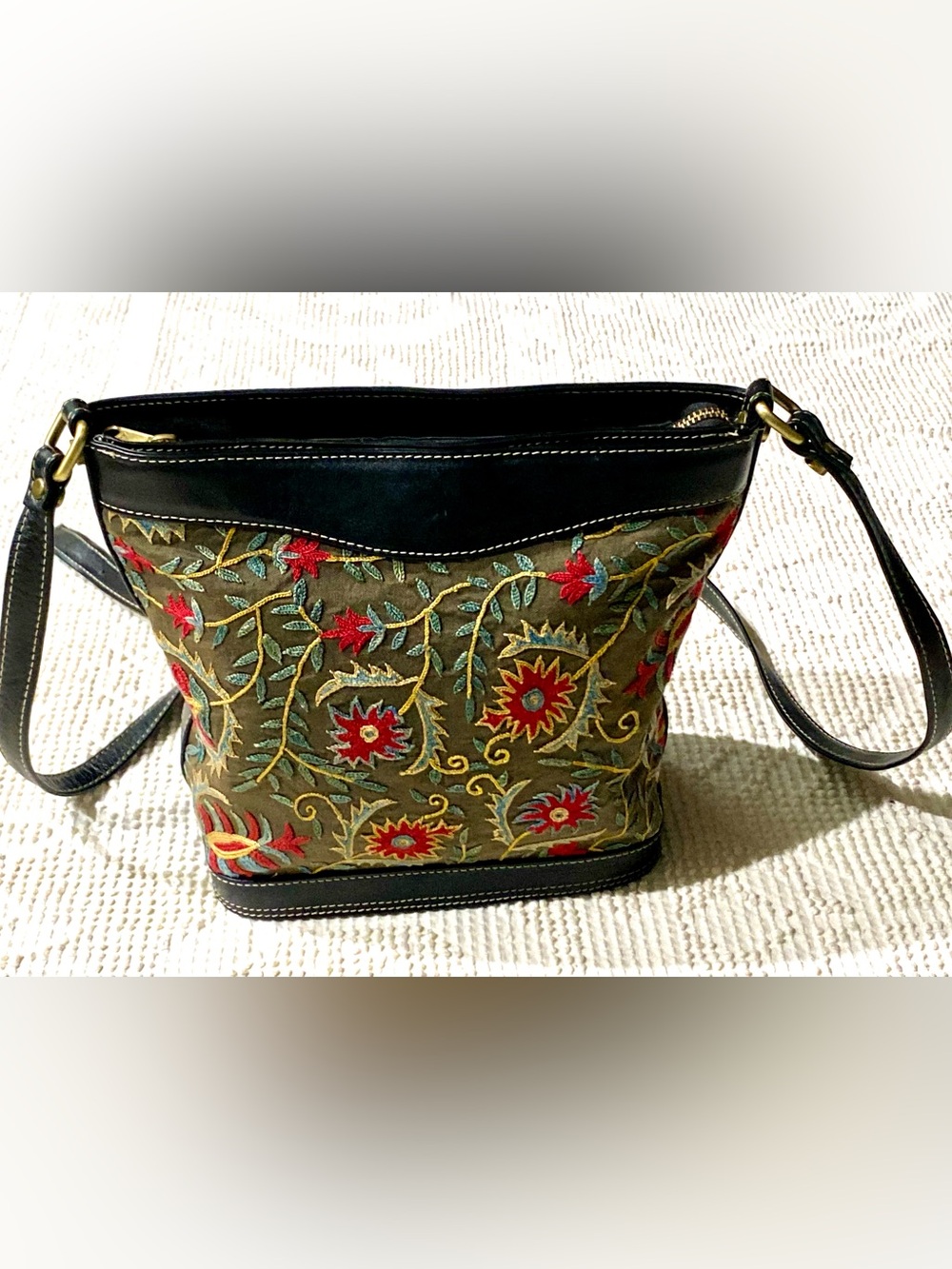 Turkish Embroidered Floral Canvas and Leather Bag in Olive with Colorful Accents